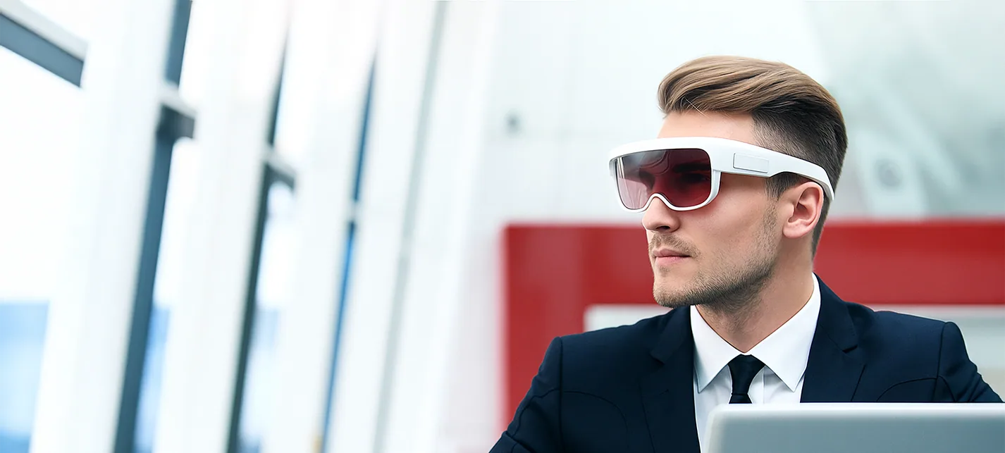 Business professional exploring an augmented reality interface