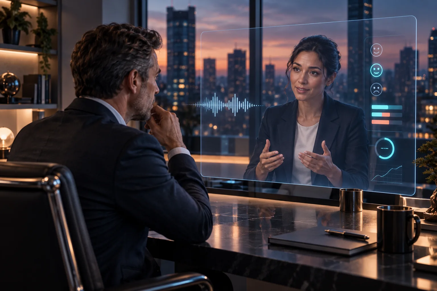 Business leader practising a sensitive coaching conversation with a responsive digital human