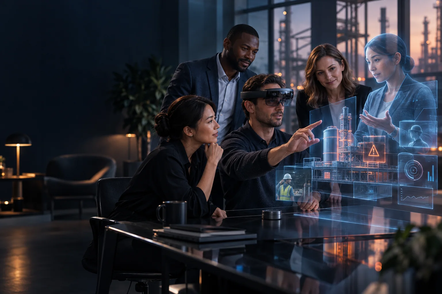 International business team using mixed reality and a digital human to practise an industrial safety scenario