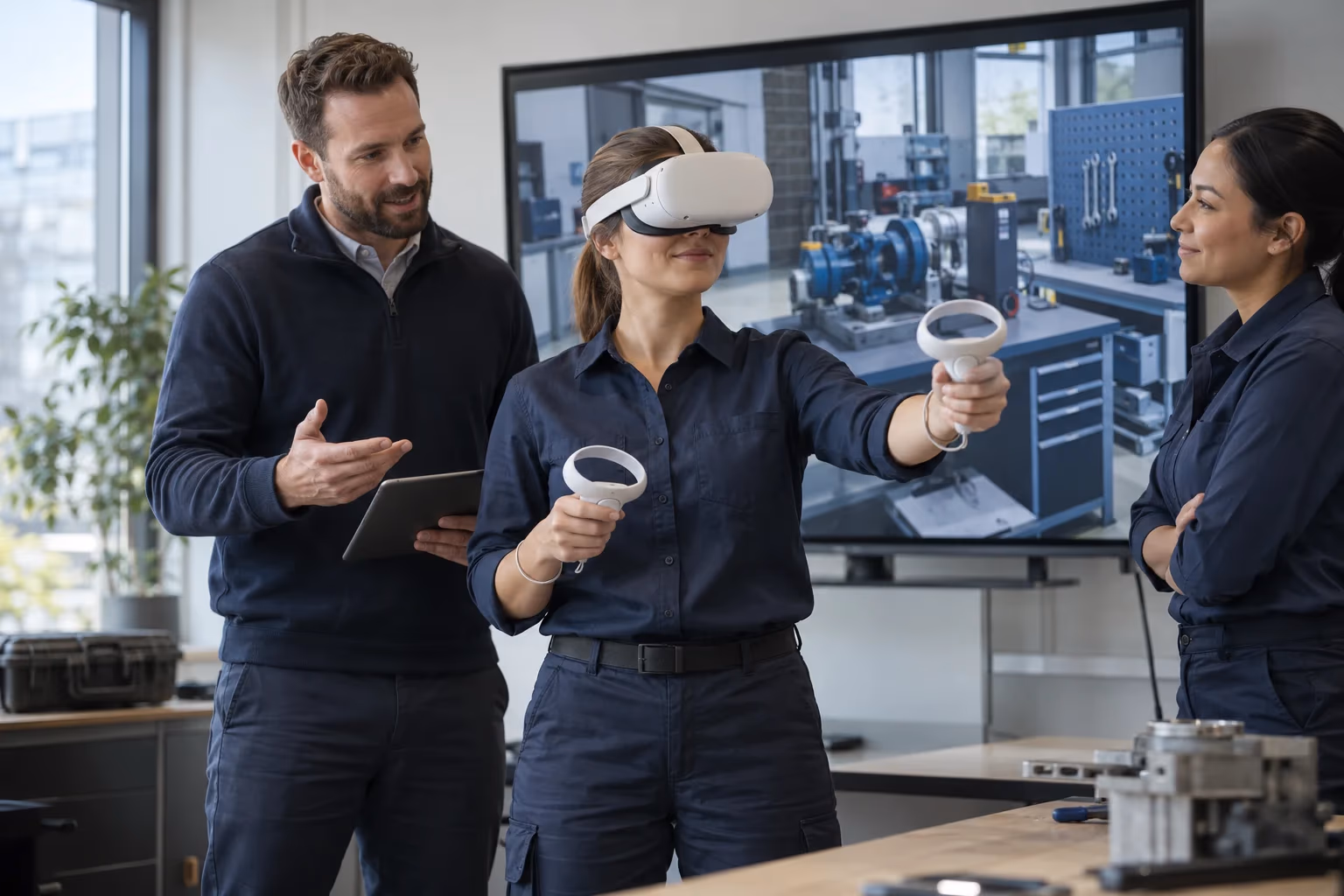 Professional using a virtual reality headset during workplace training
