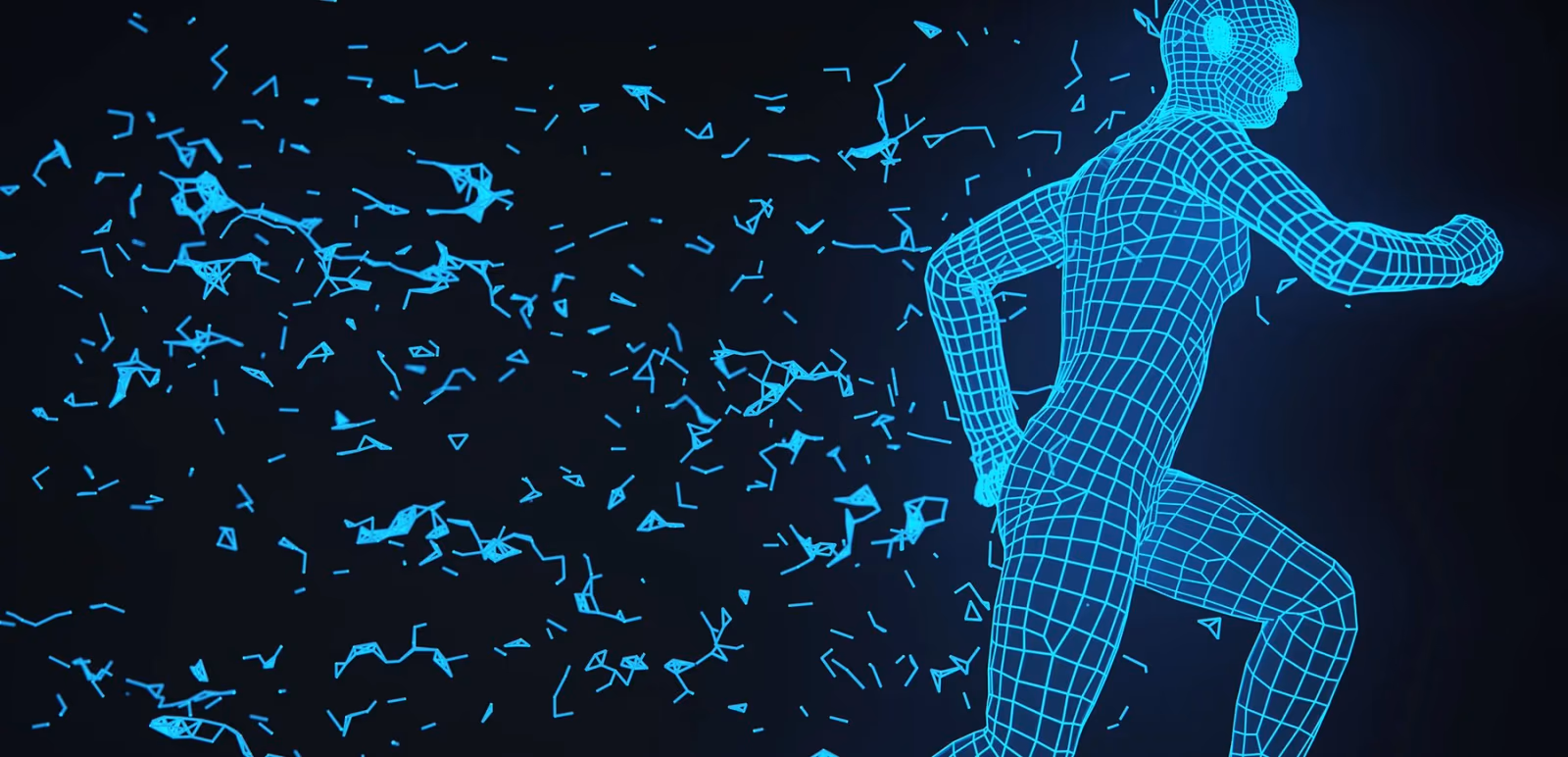 Blue wireframe human in motion from the ITEA MOSIM industrial simulation project