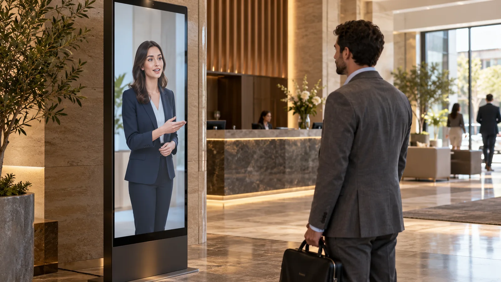 Illustrative digital receptionist interacting with a visitor