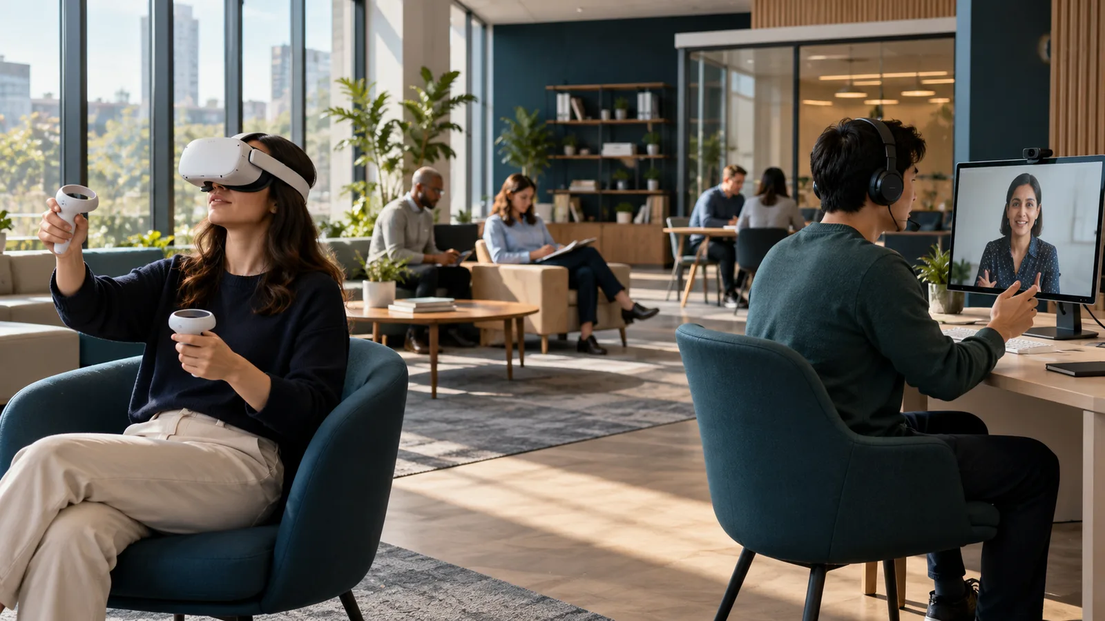 Illustrative enterprise training centre with VR and desktop practice