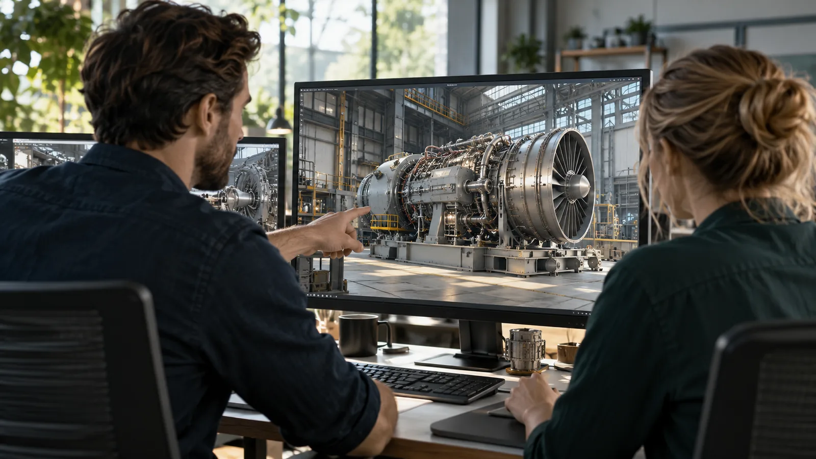 Illustrative simulation developers reviewing a realistic industrial environment