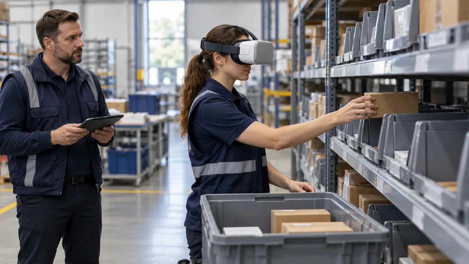 Illustrative warehouse employee practising an XR training task