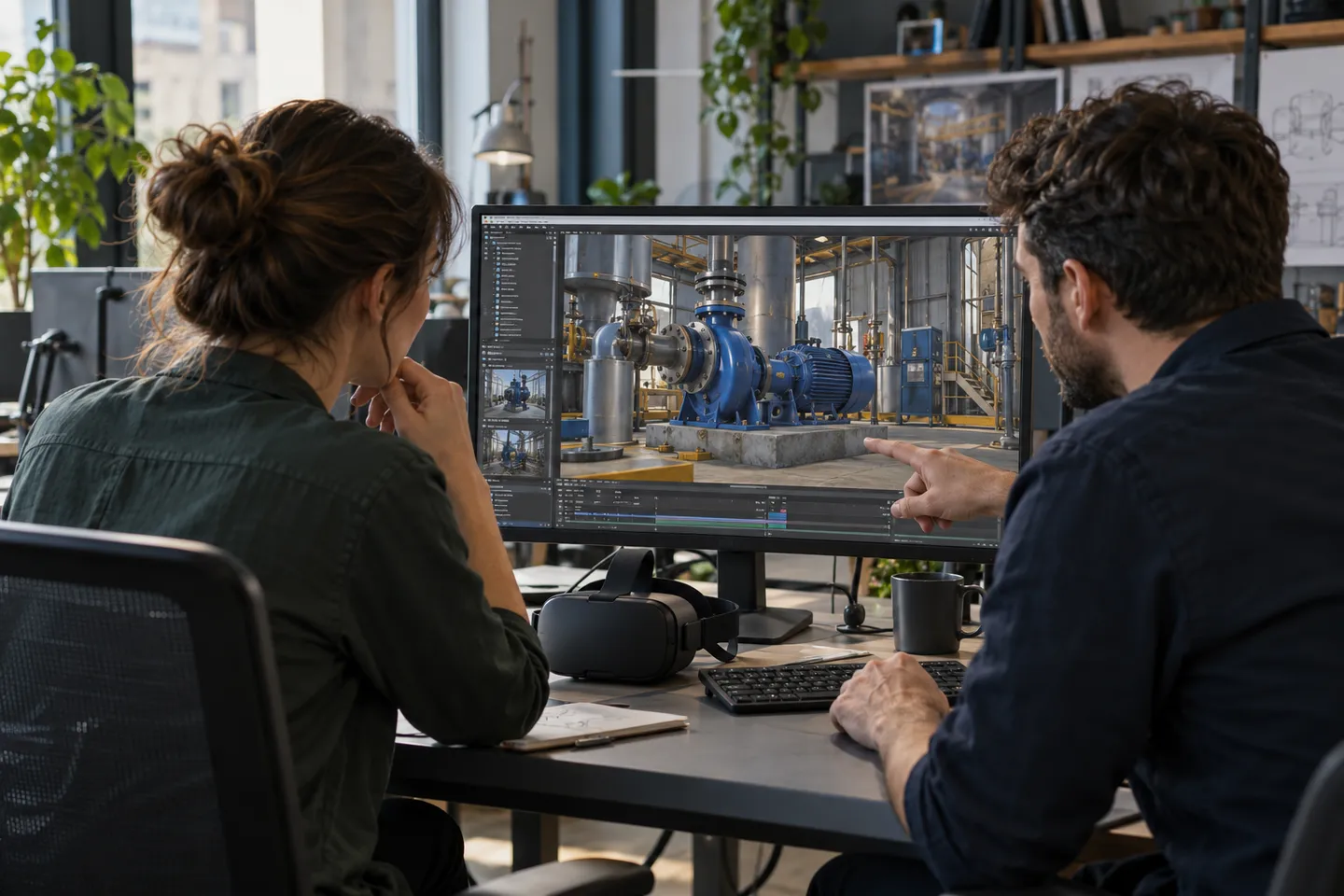 Illustrative simulation developers reviewing a realistic industrial environment